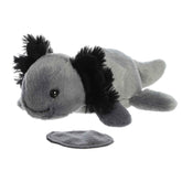 Plush toy of Ebon Black Axolotl from the Shoulderkins collection with a magnetic base and soft black body.